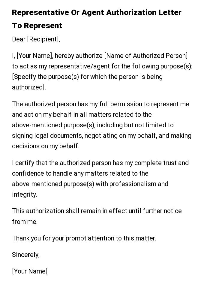 Representative Or Agent Authorization Letter To Represent