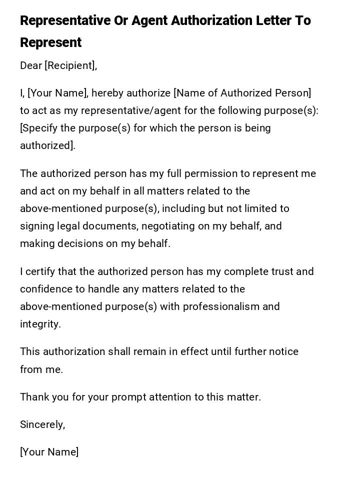 Representative Or Agent Authorization Letter To Represent