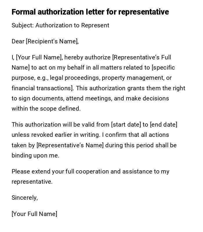 Formal authorization letter for representative Formal authorization letter for representative