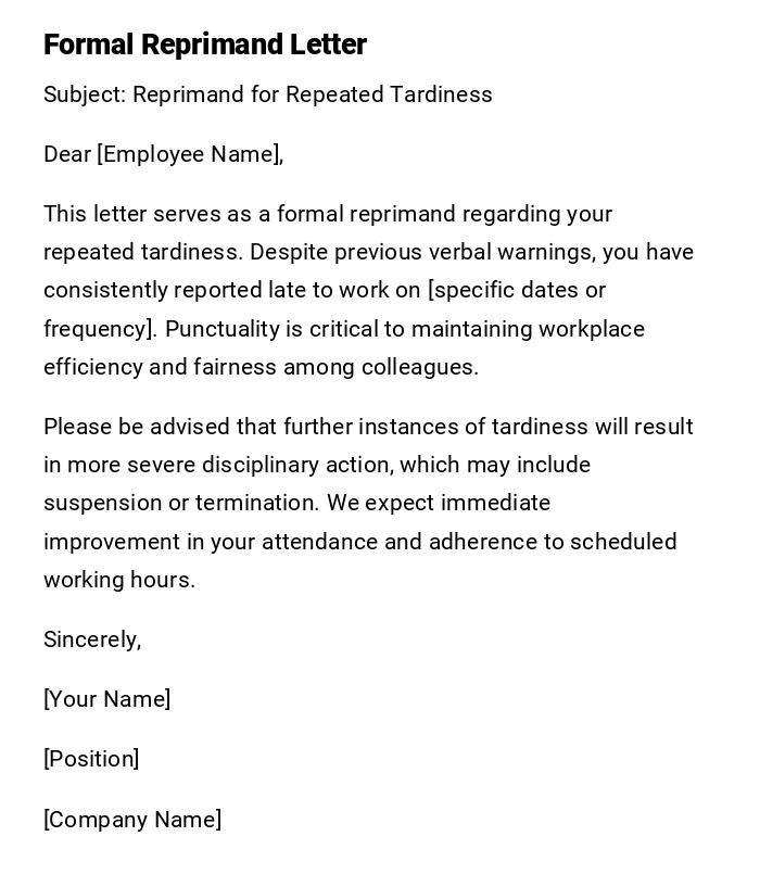 Formal Reprimand Letter Formal Reprimand Letter