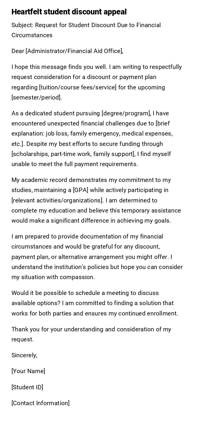 Heartfelt student discount appeal Heartfelt student discount appeal
