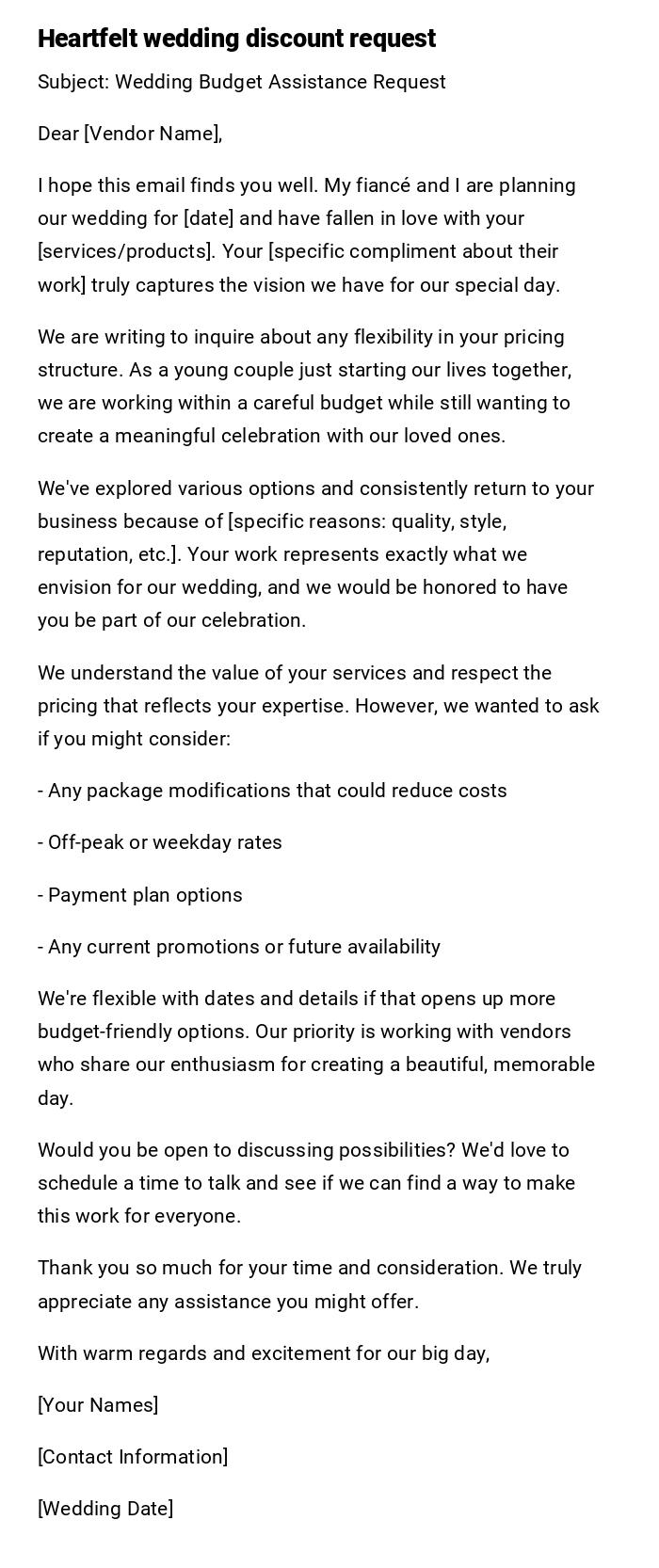 Heartfelt wedding discount request Heartfelt wedding discount request