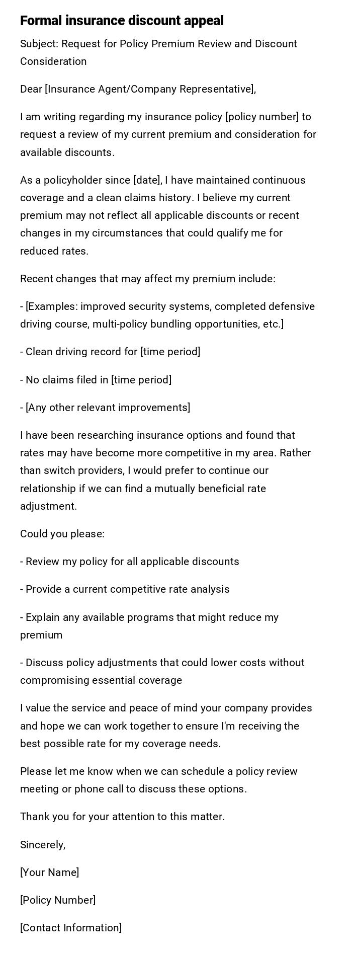 Formal insurance discount appeal Formal insurance discount appeal