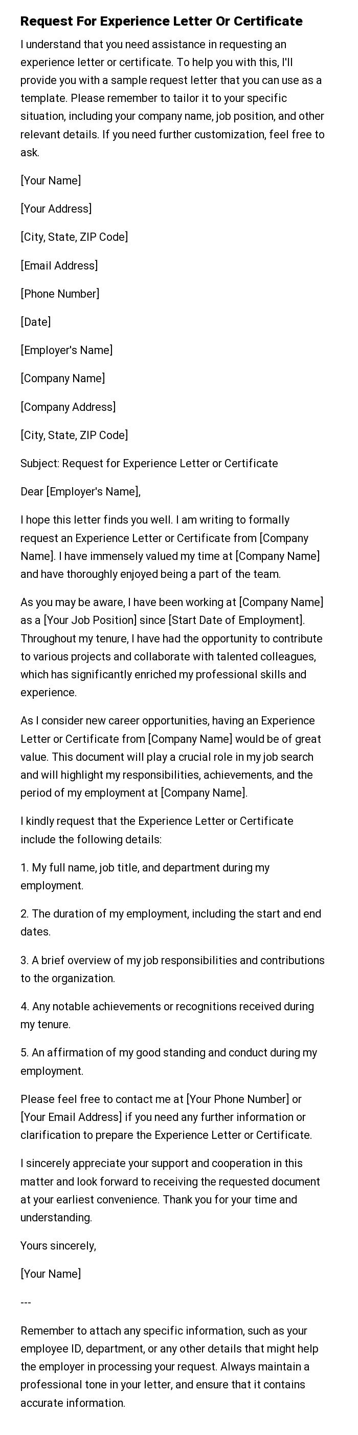 Request For Experience Letter Or Certificate