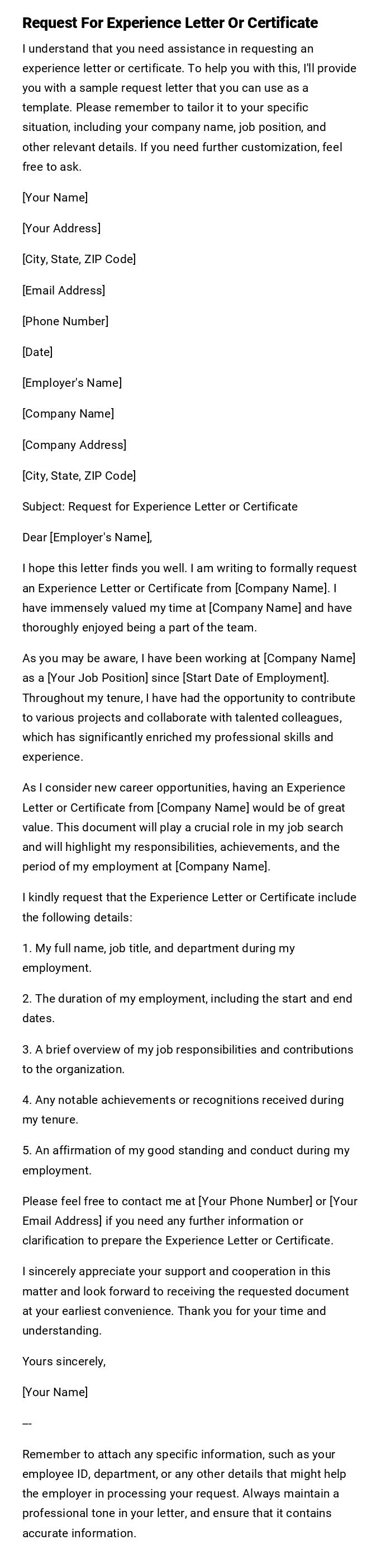 Request For Experience Letter Or Certificate