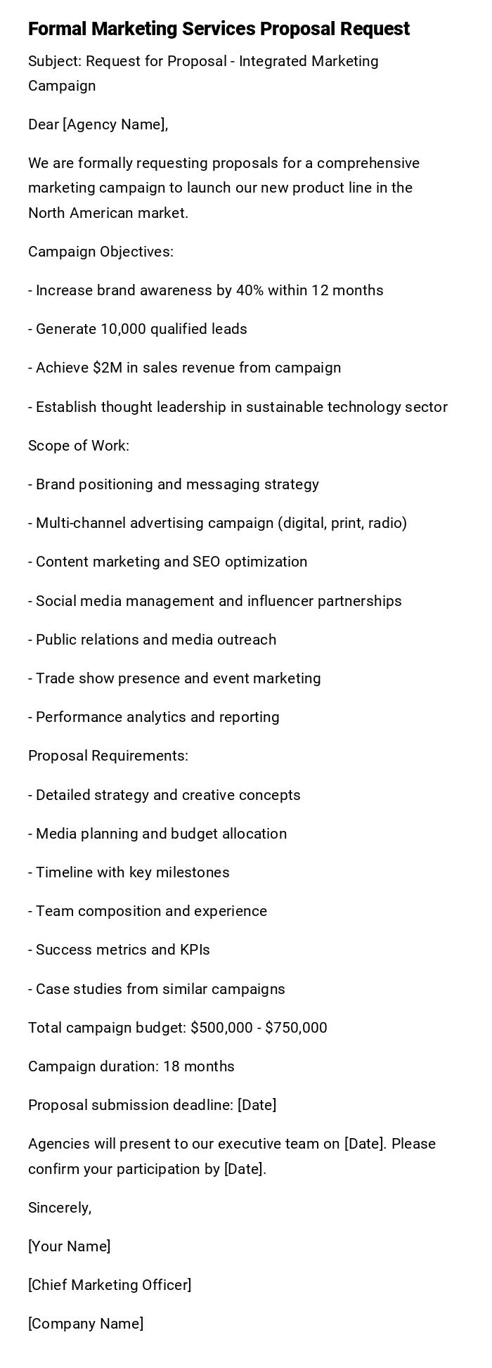 Formal Marketing Services Proposal Request Formal Marketing Services Proposal Request