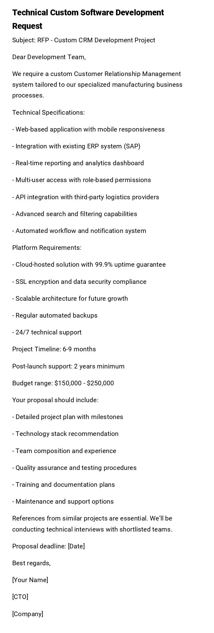 Technical Custom Software Development Request Technical Custom Software Development Request