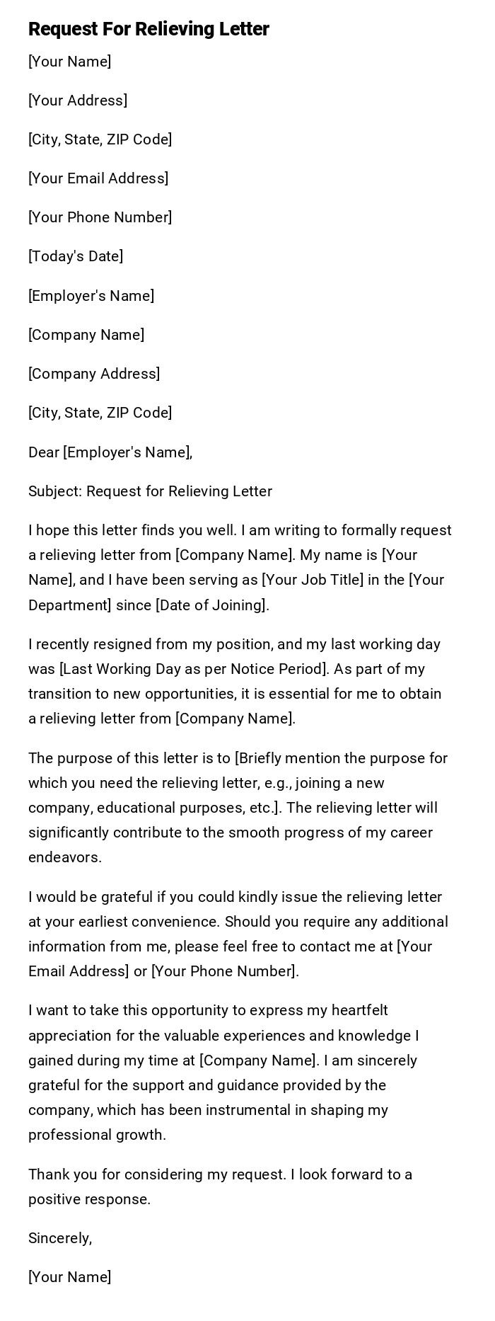 Request For Relieving Letter