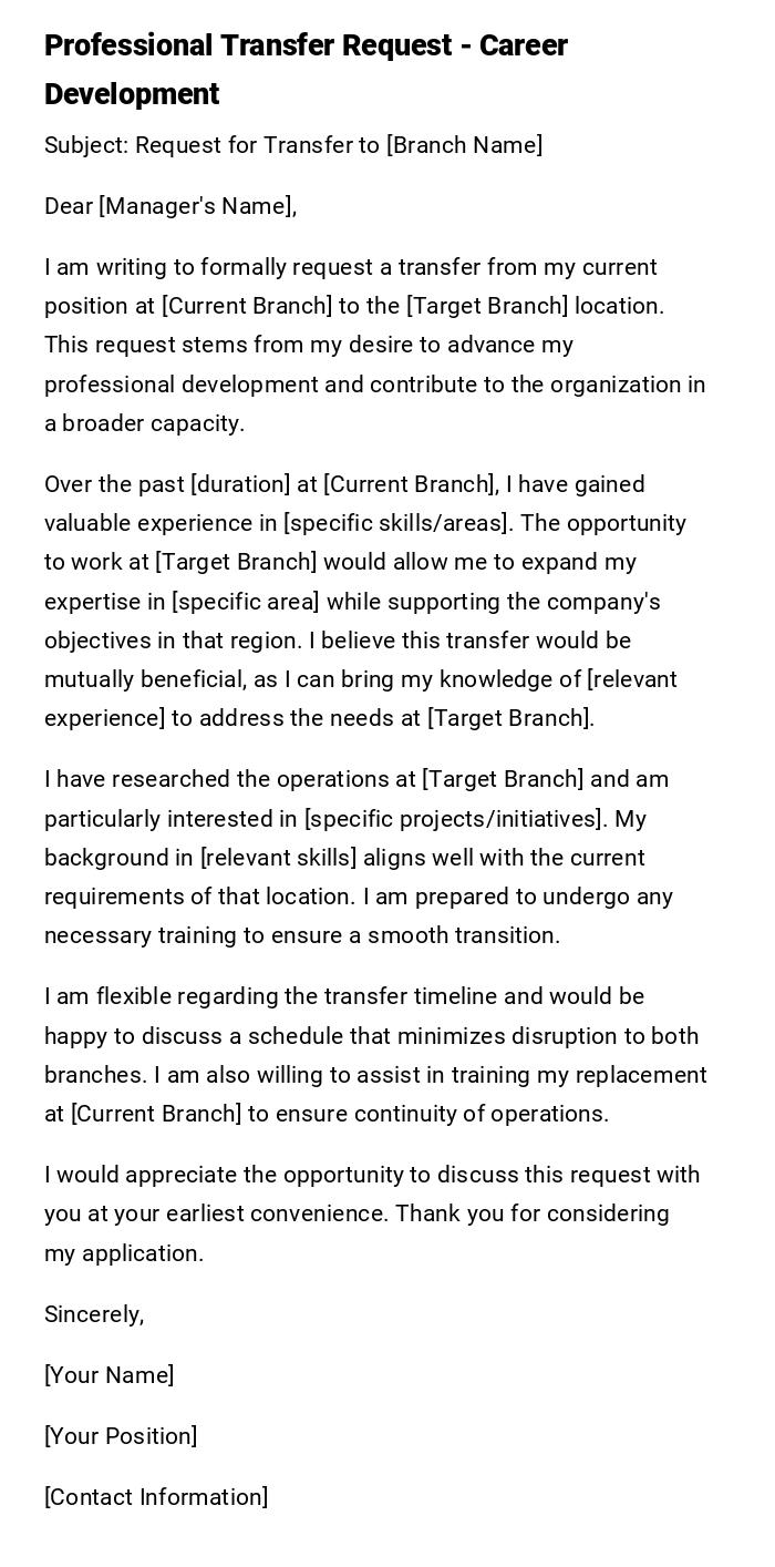 Professional Transfer Request - Career Development Professional Transfer Request - Career Development