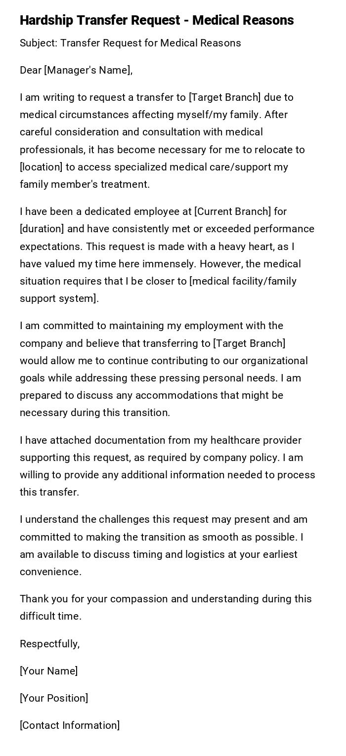 Hardship Transfer Request - Medical Reasons Hardship Transfer Request - Medical Reasons