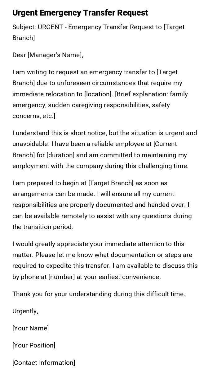 Urgent Emergency Transfer Request Urgent Emergency Transfer Request