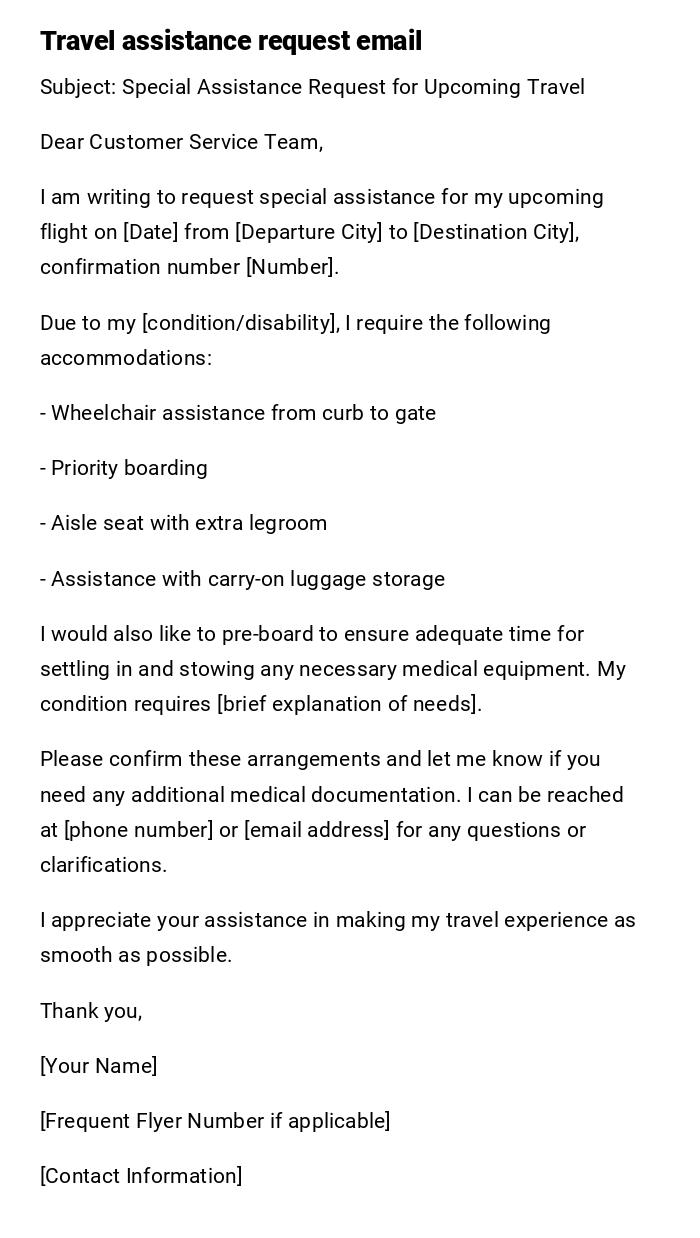 Travel assistance request email Travel assistance request email
