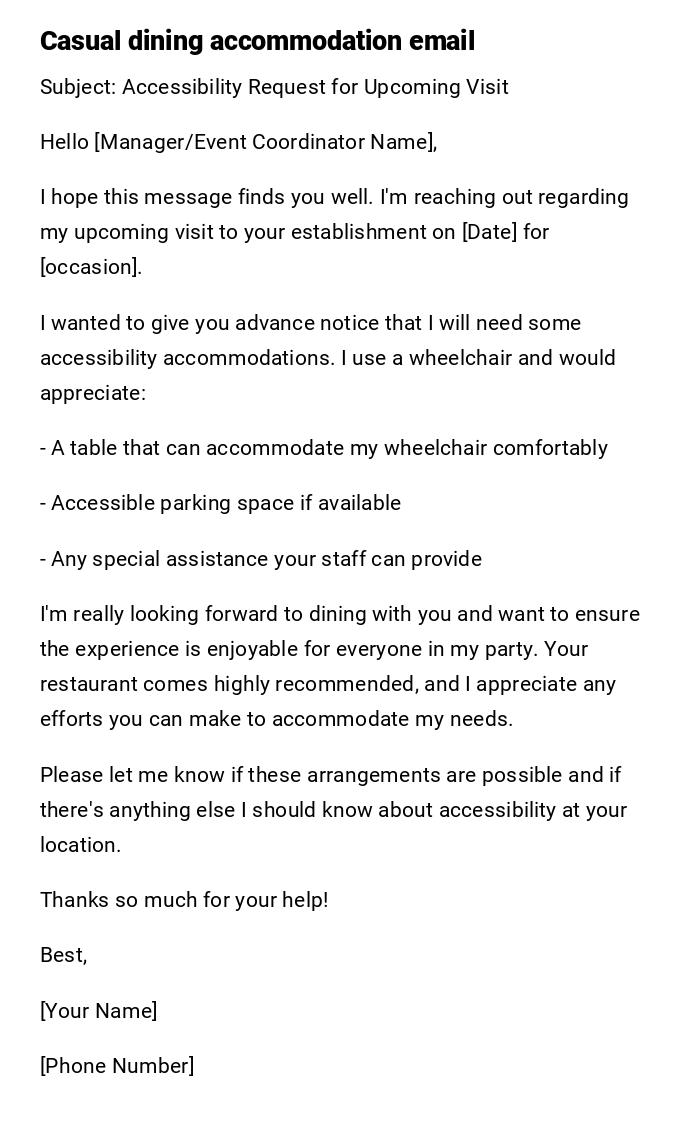 Casual dining accommodation email Casual dining accommodation email