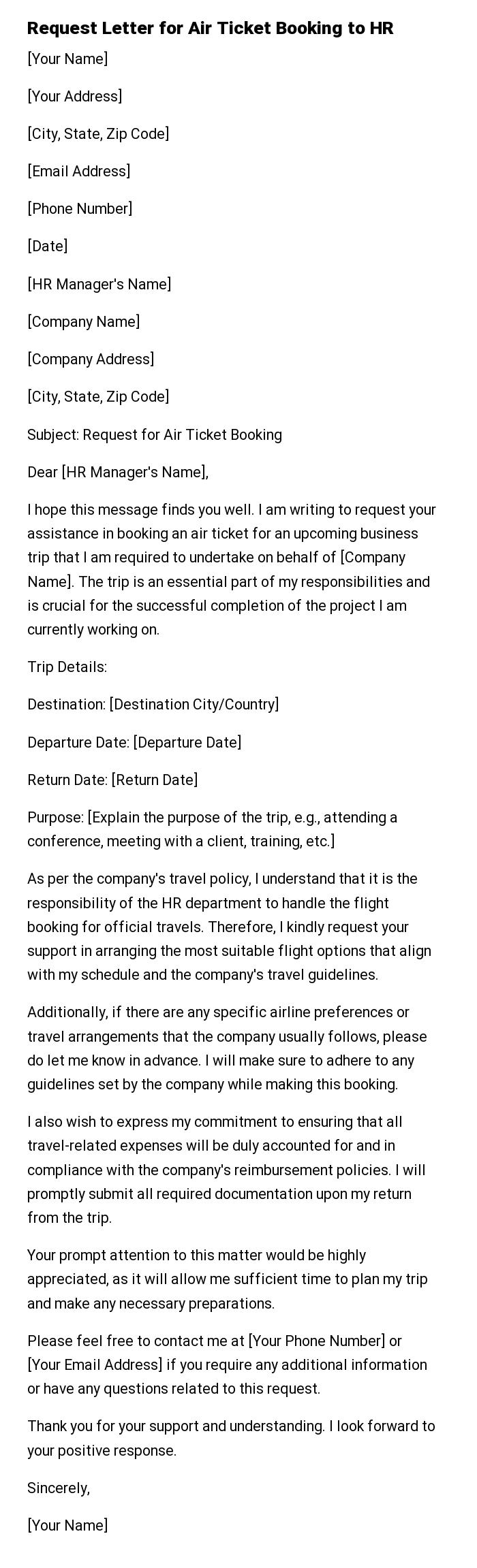 Request Letter for Air Ticket Booking to HR
