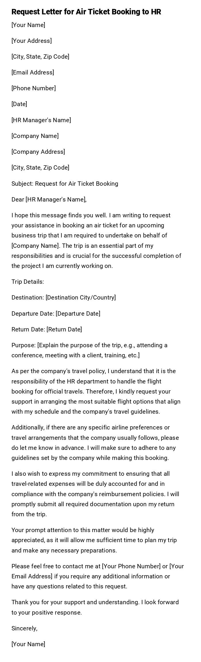 Request Letter for Air Ticket Booking to HR