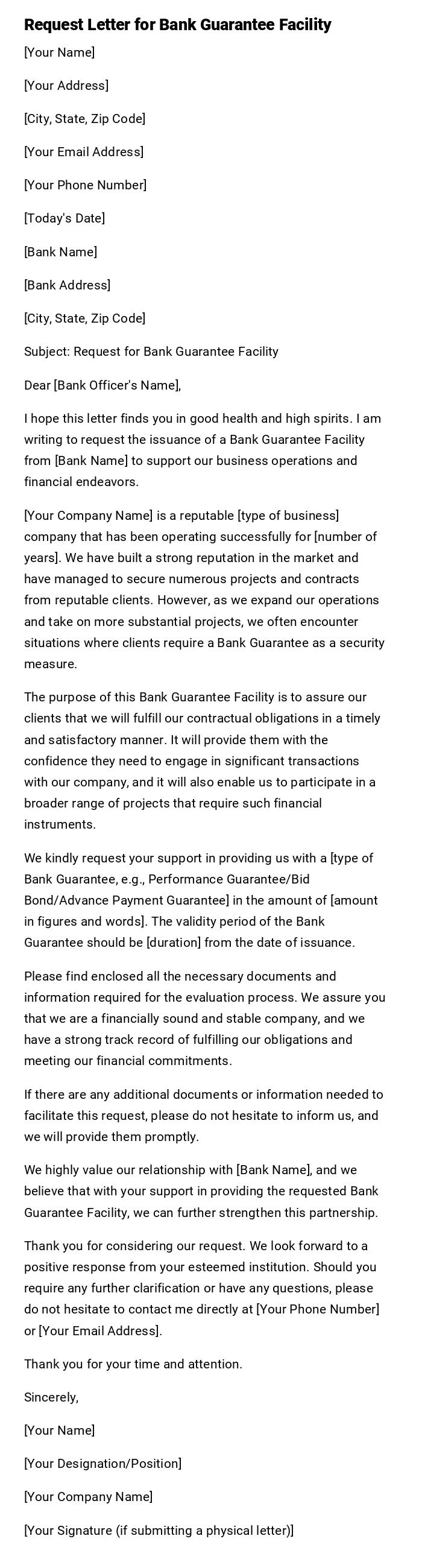 Request Letter for Bank Guarantee Facility