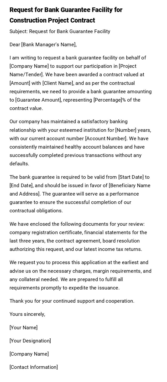 Request for Bank Guarantee Facility for Construction Project Contract Request for Bank Guarantee Facility for Construction Project Contract