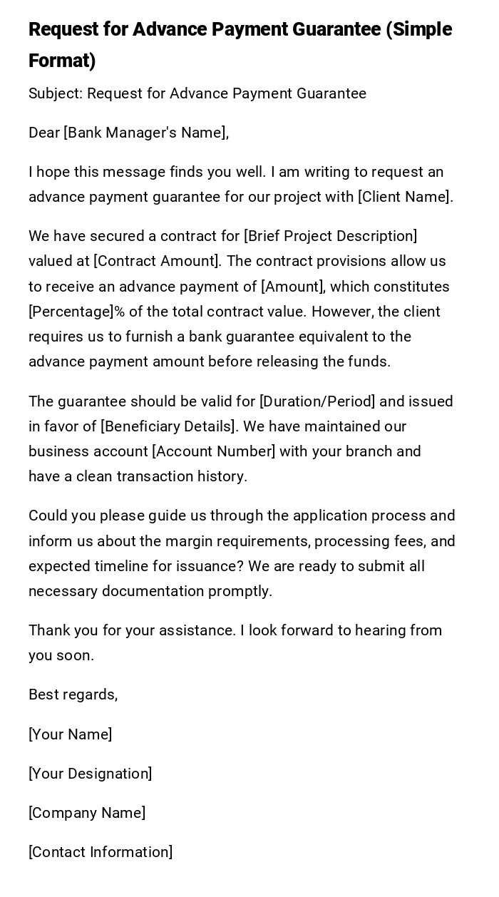 Request for Advance Payment Guarantee (Simple Format) Request for Advance Payment Guarantee (Simple Format)