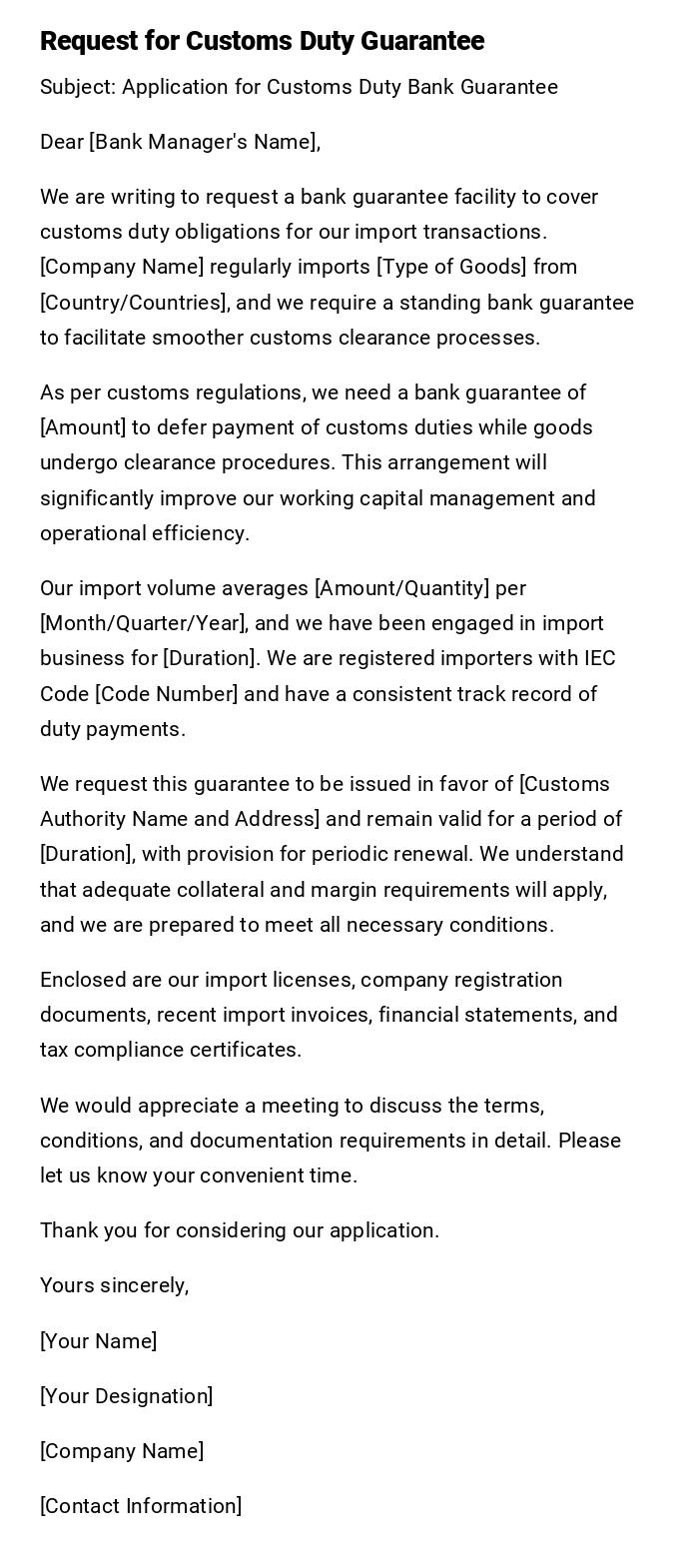 Request for Customs Duty Guarantee Request for Customs Duty Guarantee