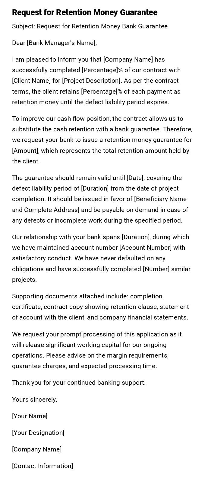 Request for Retention Money Guarantee Request for Retention Money Guarantee