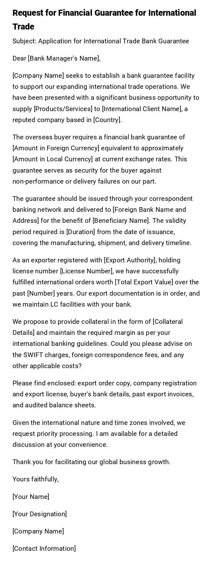 Request for Financial Guarantee for International Trade Request for Financial Guarantee for International Trade