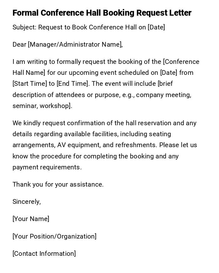 Formal Conference Hall Booking Request Letter Formal Conference Hall Booking Request Letter