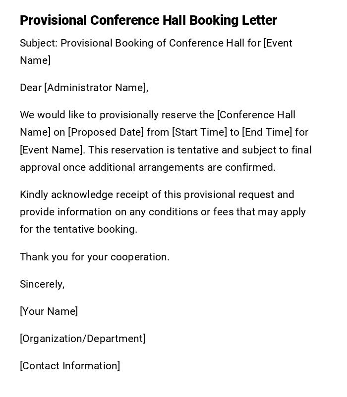 Provisional Conference Hall Booking Letter Provisional Conference Hall Booking Letter