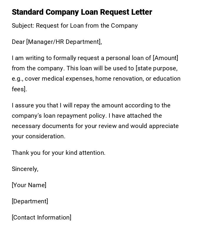 Standard Company Loan Request Letter Standard Company Loan Request Letter