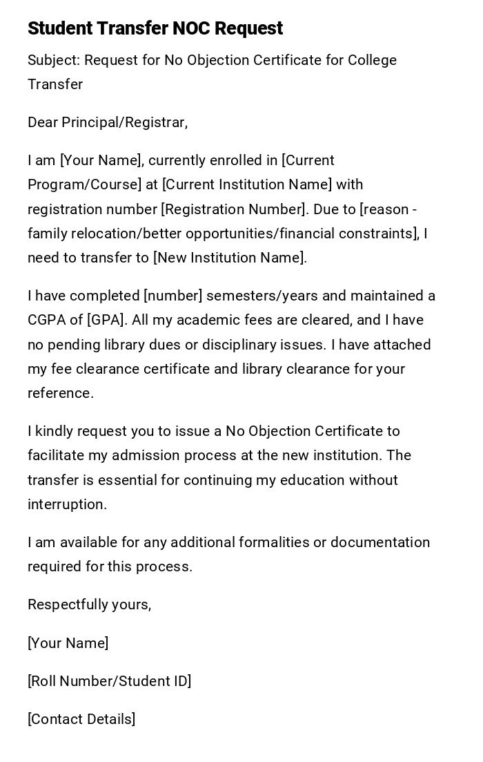 Student Transfer NOC Request Student Transfer NOC Request