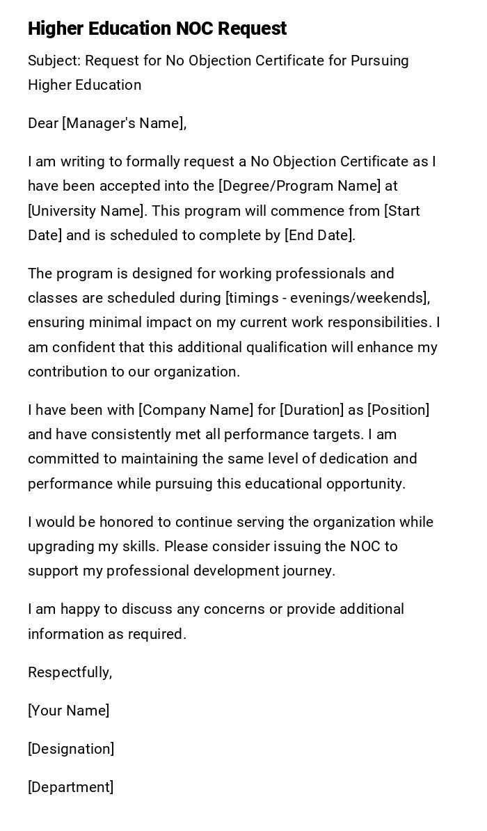 Higher Education NOC Request Higher Education NOC Request