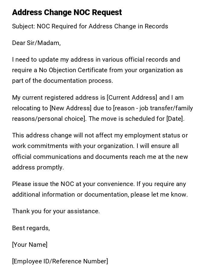 Address Change NOC Request Address Change NOC Request