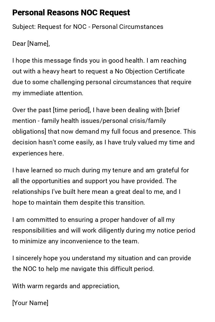 Personal Reasons NOC Request Personal Reasons NOC Request