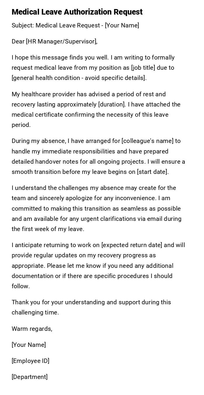Medical Leave Authorization Request Medical Leave Authorization Request