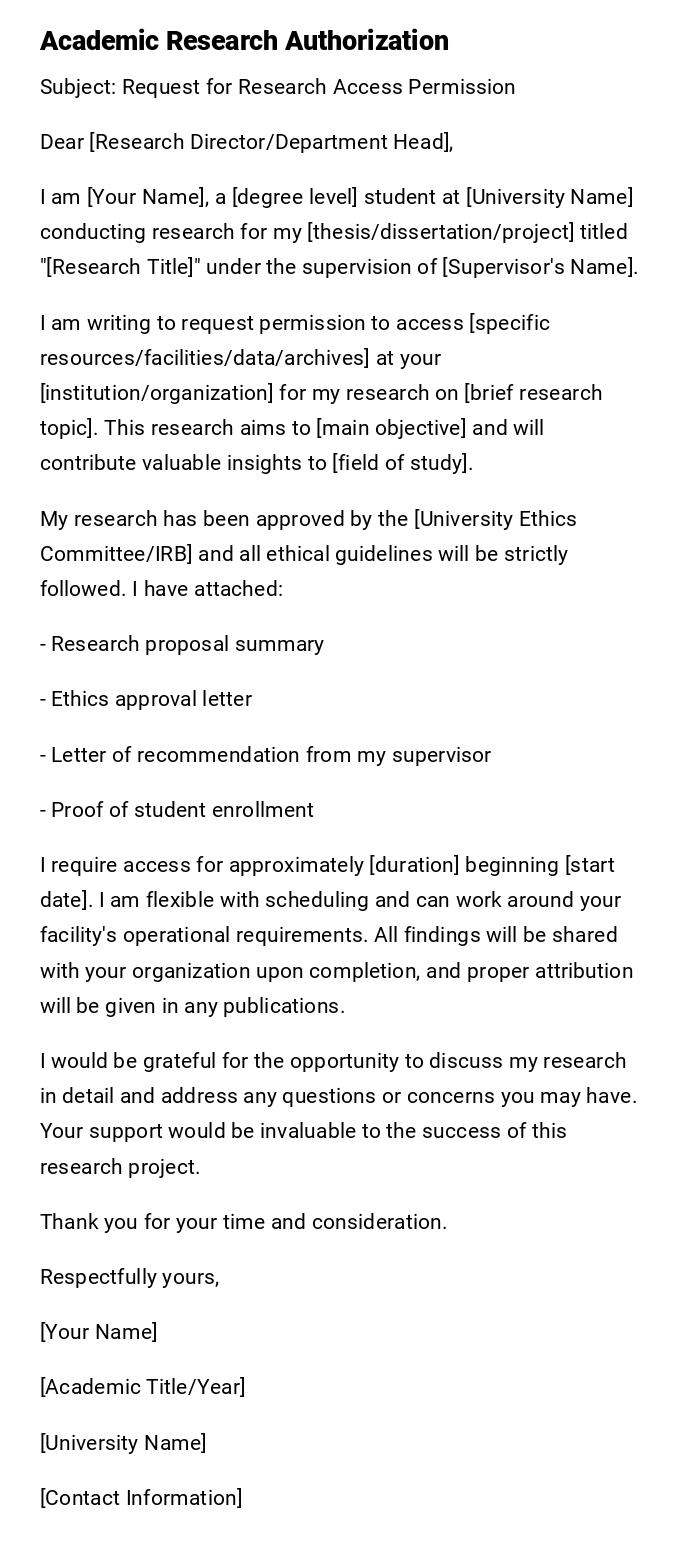 Academic Research Authorization Academic Research Authorization