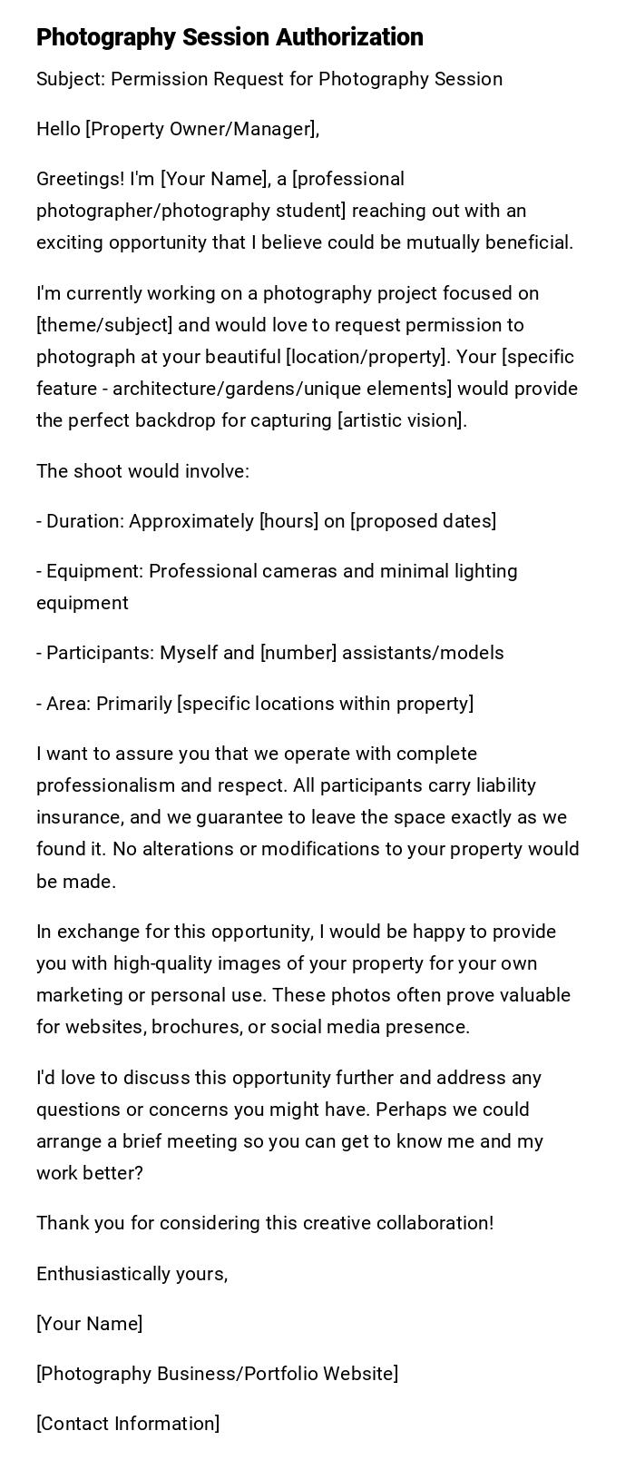 Photography Session Authorization Photography Session Authorization