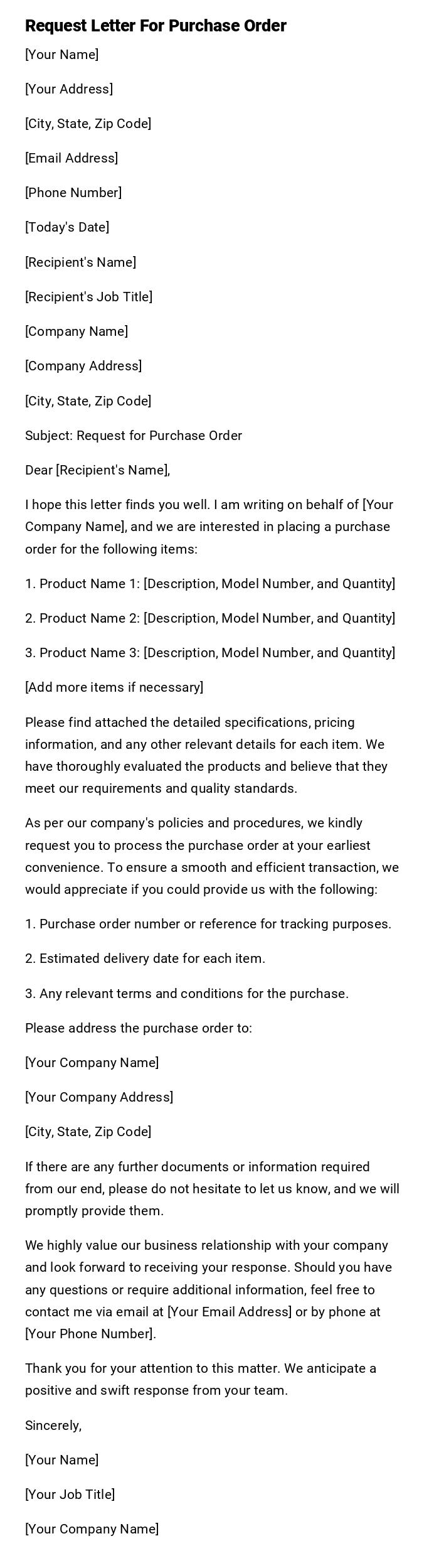 Request Letter For Purchase Order