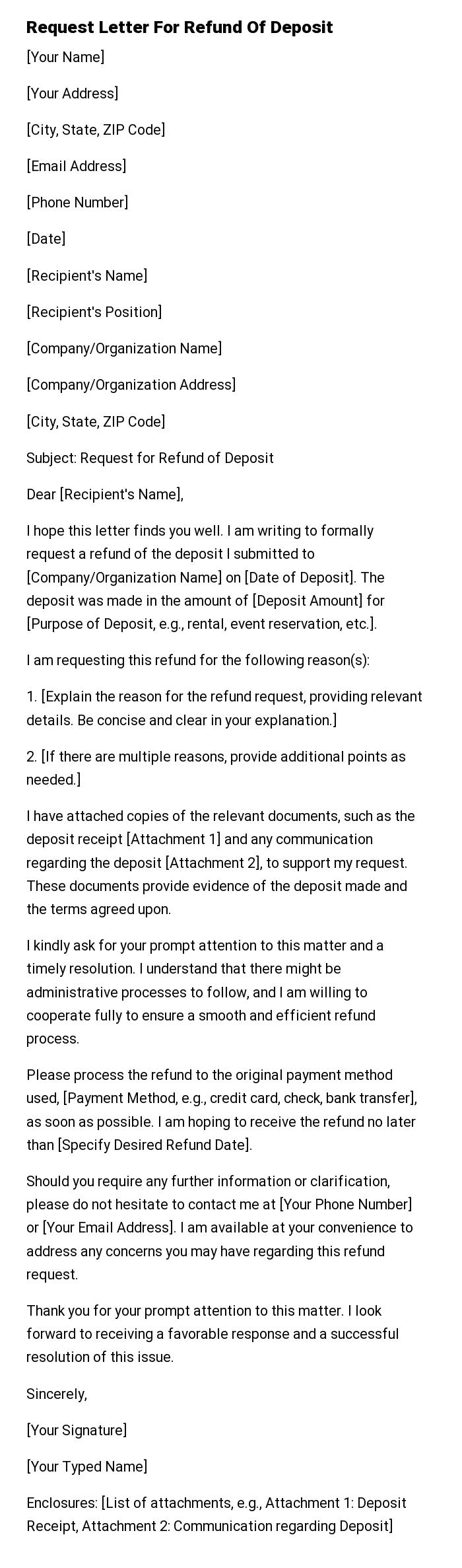 Request Letter For Refund Of Deposit