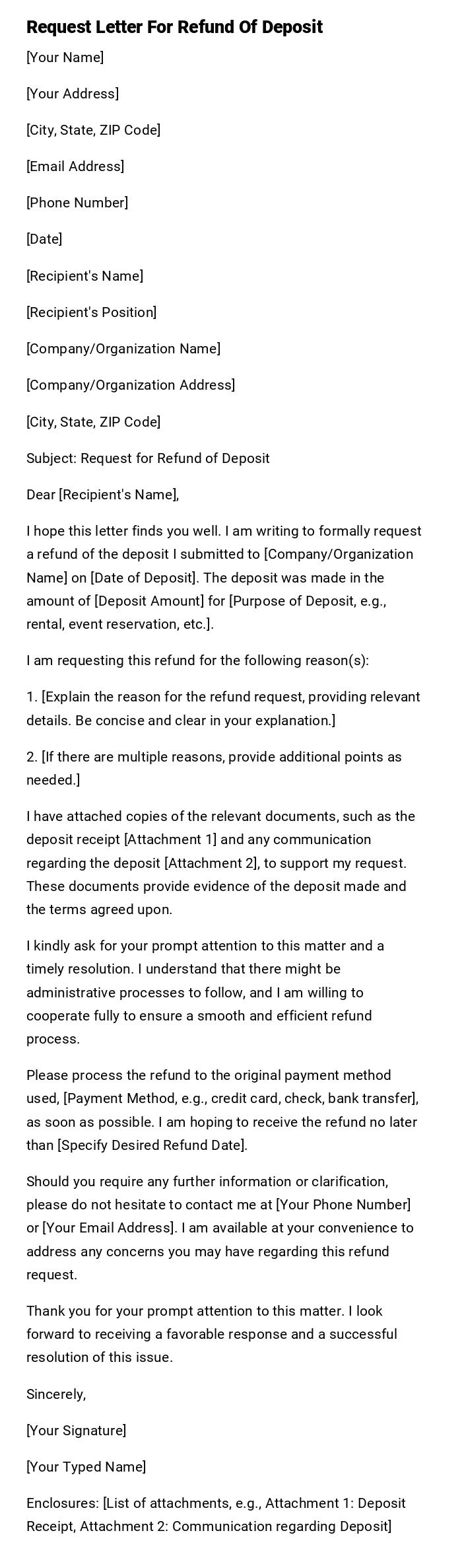 Request Letter For Refund Of Deposit