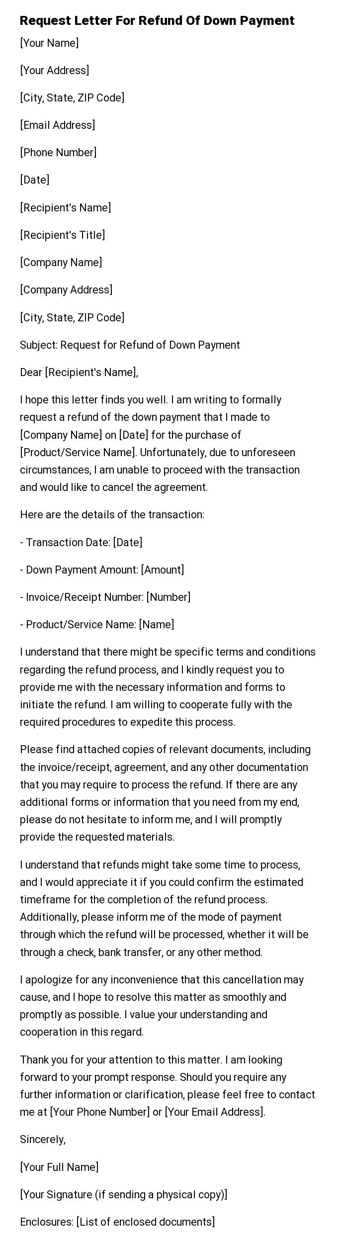 Request Letter For Refund Of Down Payment