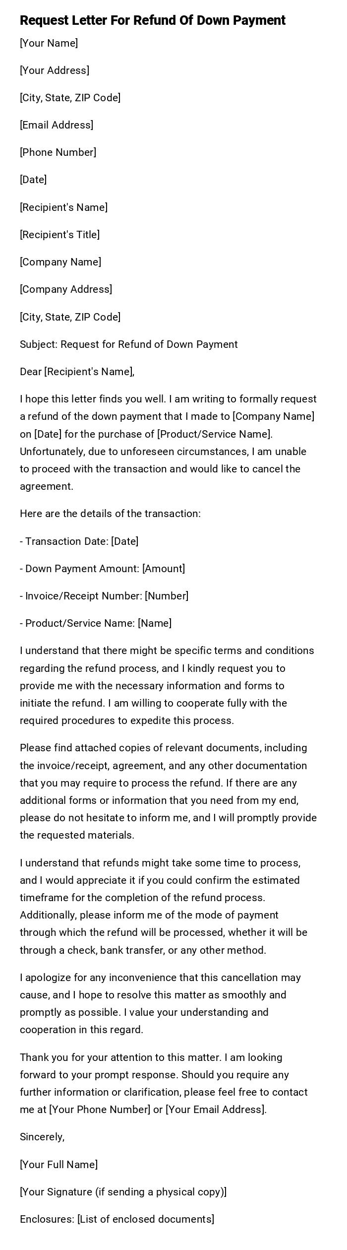 Request Letter For Refund Of Down Payment