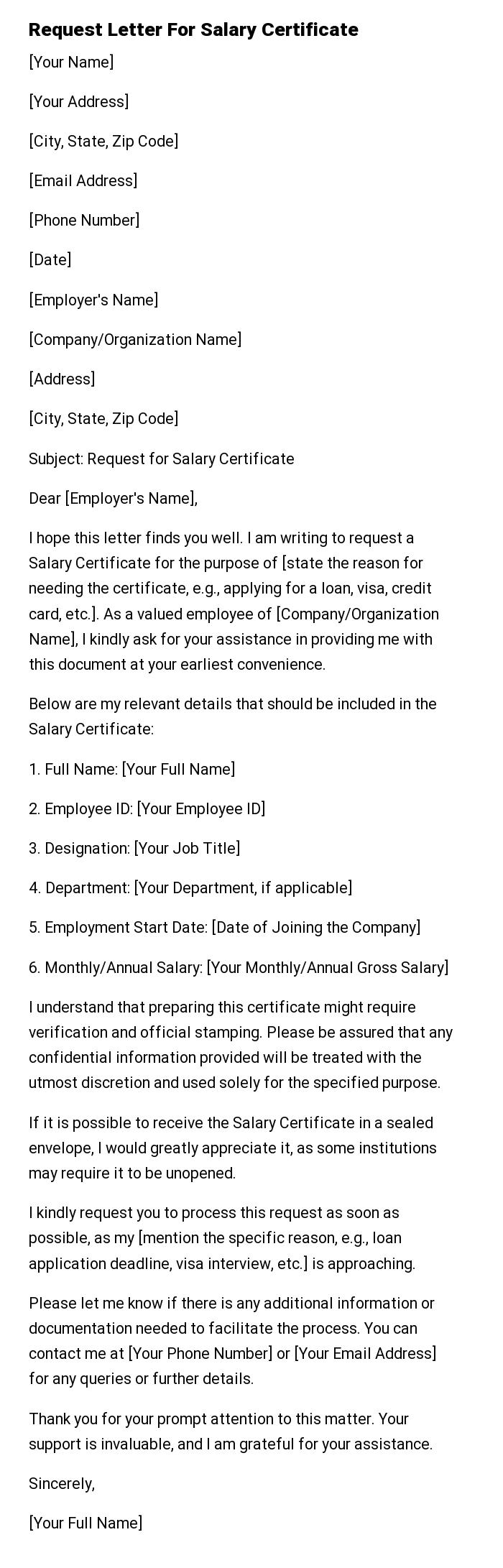 Request Letter For Salary Certificate