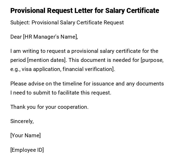 Provisional Request Letter for Salary Certificate Provisional Request Letter for Salary Certificate