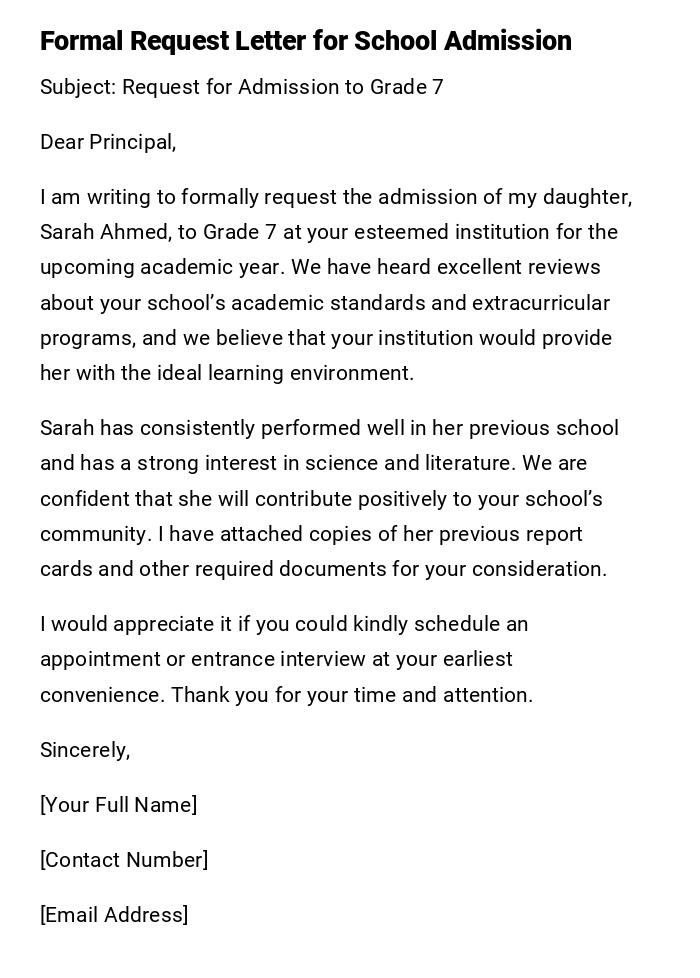 Formal Request Letter for School Admission Formal Request Letter for School Admission