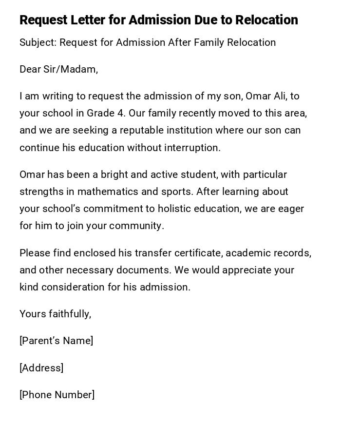 Request Letter for Admission Due to Relocation Request Letter for Admission Due to Relocation