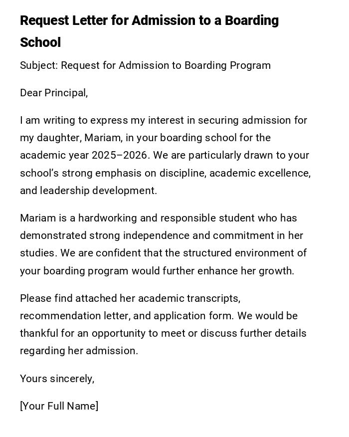 Request Letter for Admission to a Boarding School Request Letter for Admission to a Boarding School