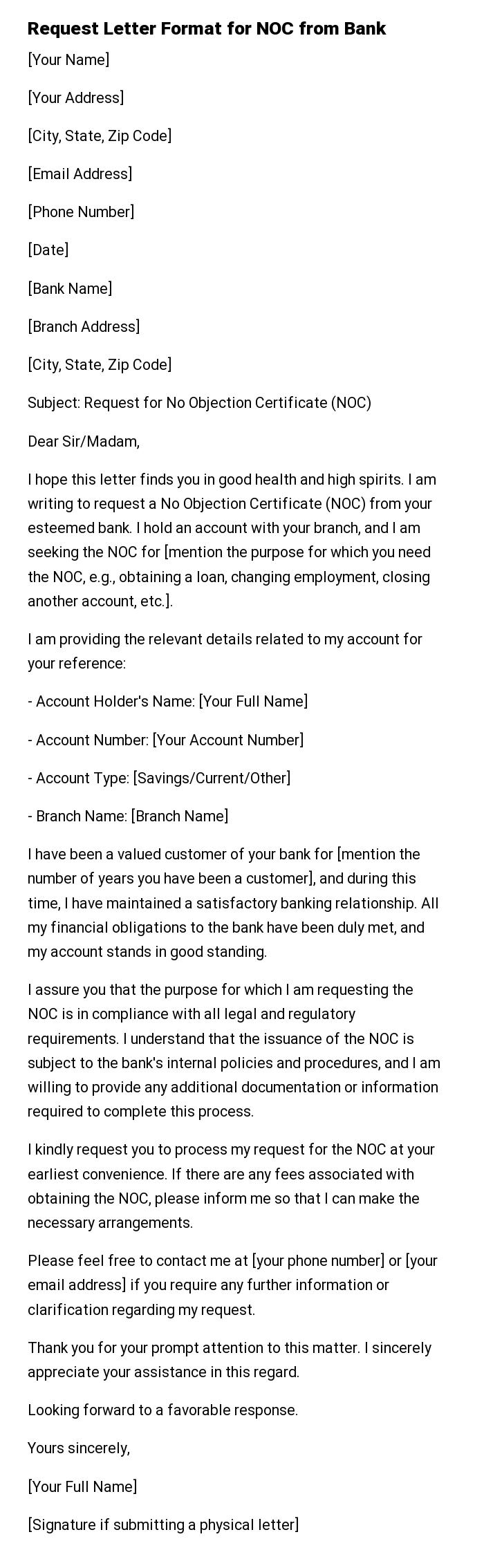 Request Letter Format for NOC from Bank
