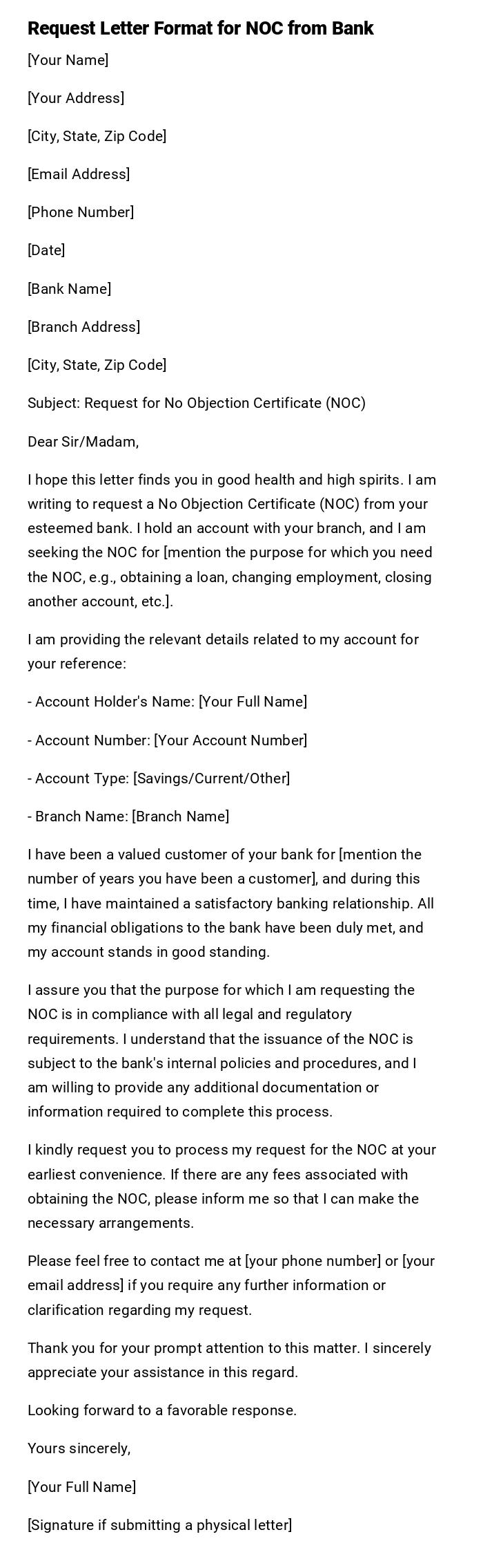 Request Letter Format for NOC from Bank