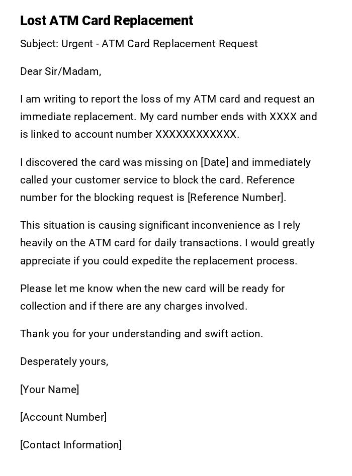 Lost ATM Card Replacement Lost ATM Card Replacement