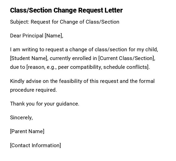 Class/Section Change Request Letter Class/Section Change Request Letter