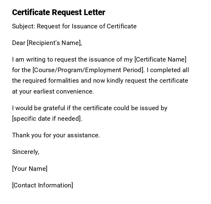 Certificate Request Letter Certificate Request Letter
